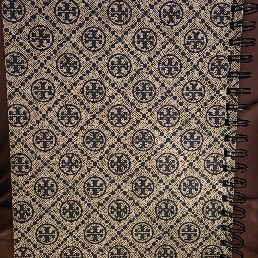 Tory Burch Beige Notebook with Black Logo Pattern